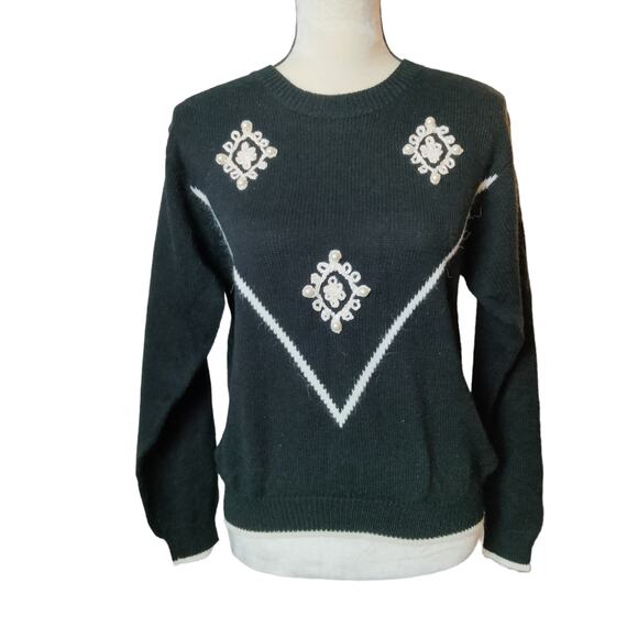 Vintage Devon Sz Petite Large Black Embroidered Pearl Bead Sweater Crew Neck - Picture 1 of 7